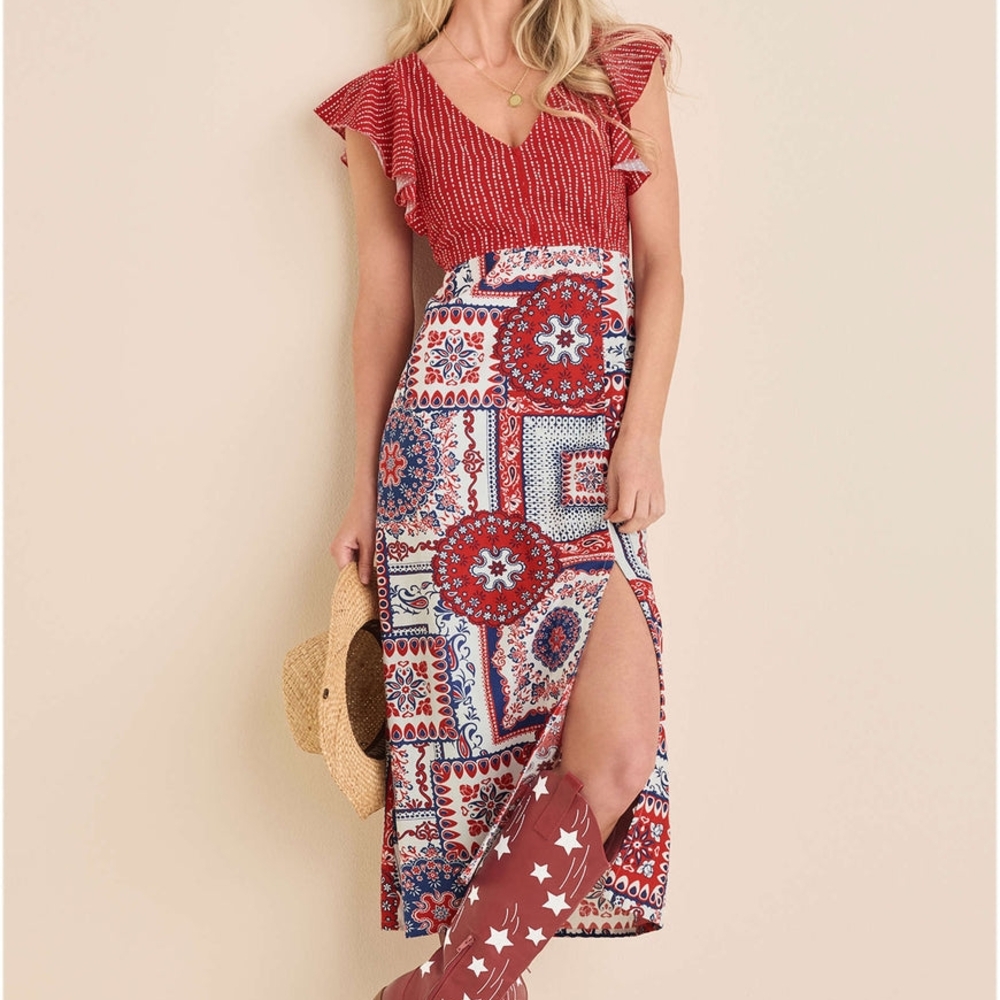 VENUS Red and Blue Patchwork Midi Dress